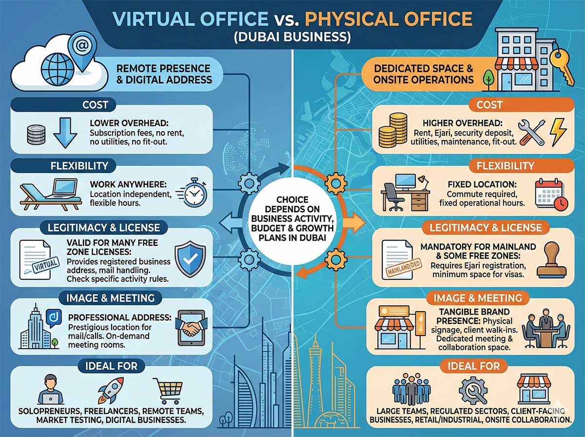 Requirements for a virtual office vs. physical office for Dubai business setup
